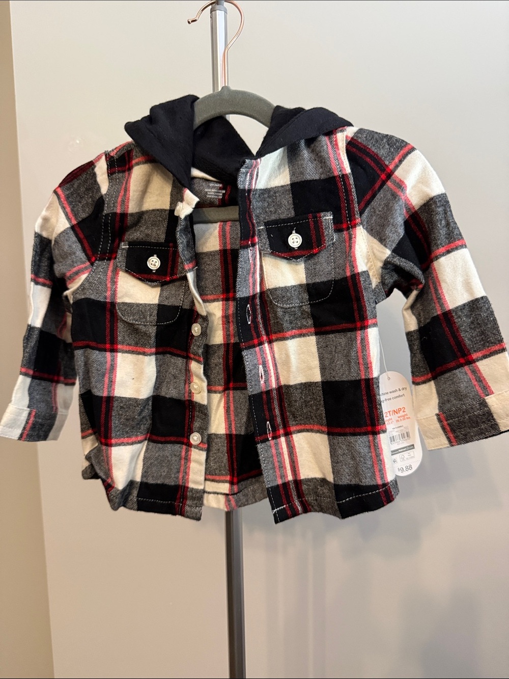 wonder nation Black, White & Red Plaid Hooded Button-Down Shirt